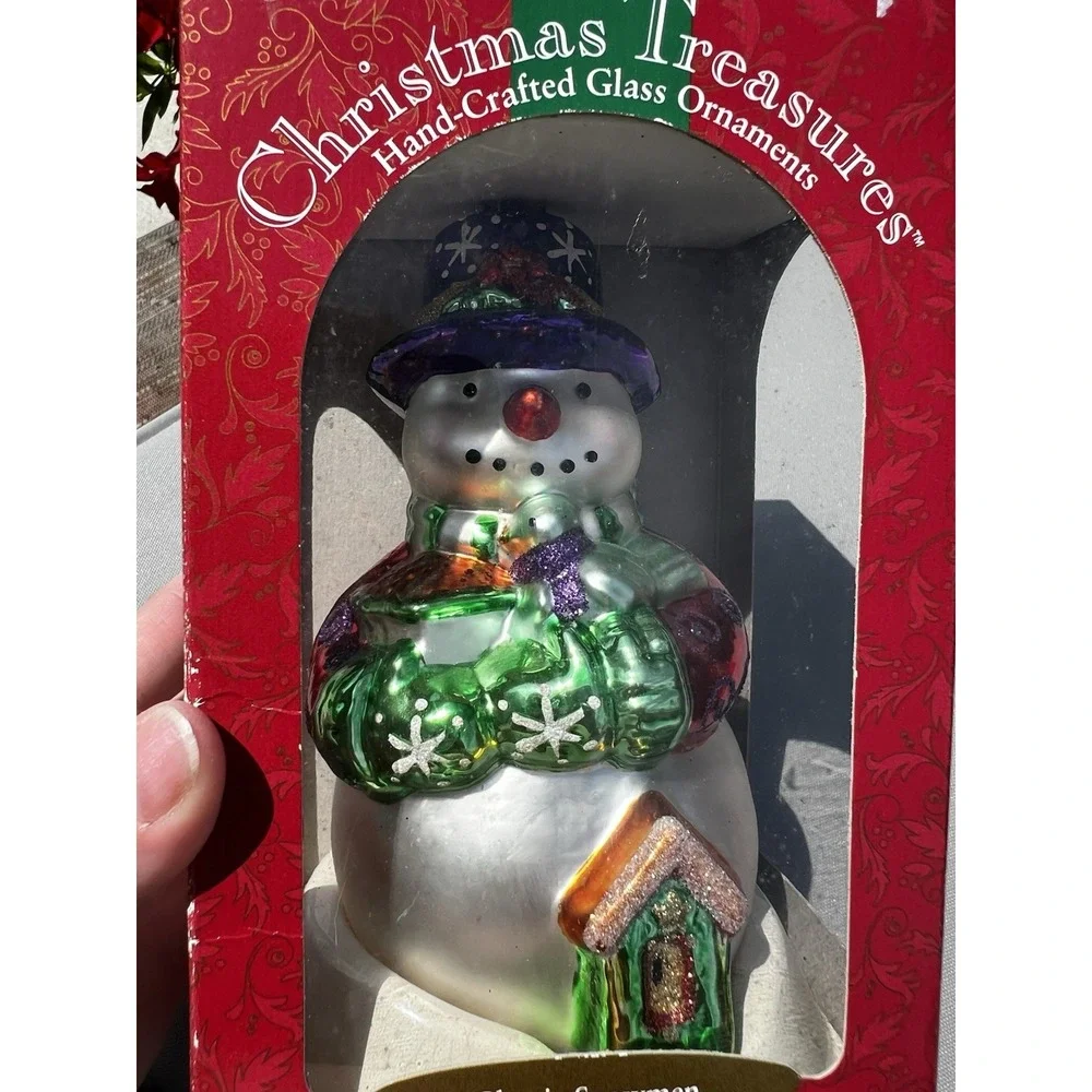 Vintage Christmas Ornament Glass Hand Crafted Classic‎ Snowman Feeding The Birds